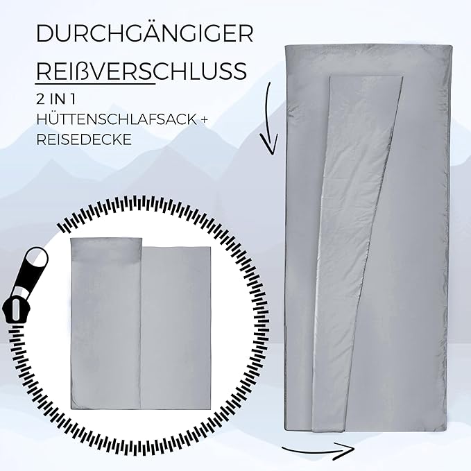 2-in-1 Sleeping Bag Liner and XL Sized Travel Sheet - All Around Zipper - 100% Cotton - Ultra Lightweight Sleep Liner for Hotel Hostel and Camping