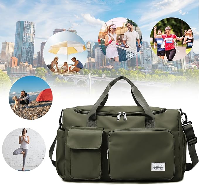 Travel Duffel Bag with Shoes Compartment Sports Gym Bag with Dry Wet Separated Pocket for Men and Women, Overnight Bag Weekender Bag Training Handbag Yoga Bag - Olive Green