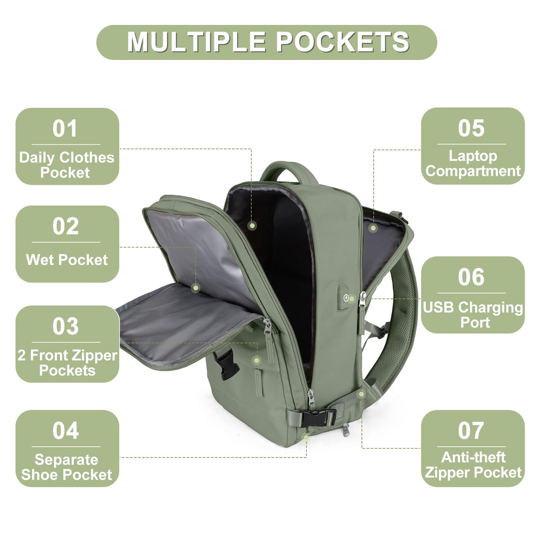 coofay Large Travel Backpack For Women Men Airline Approved Carry On Backpack Flight Approved Waterproof Sports Luggage Backpack Casual Daypack Small Hiking Backpack Grey Green