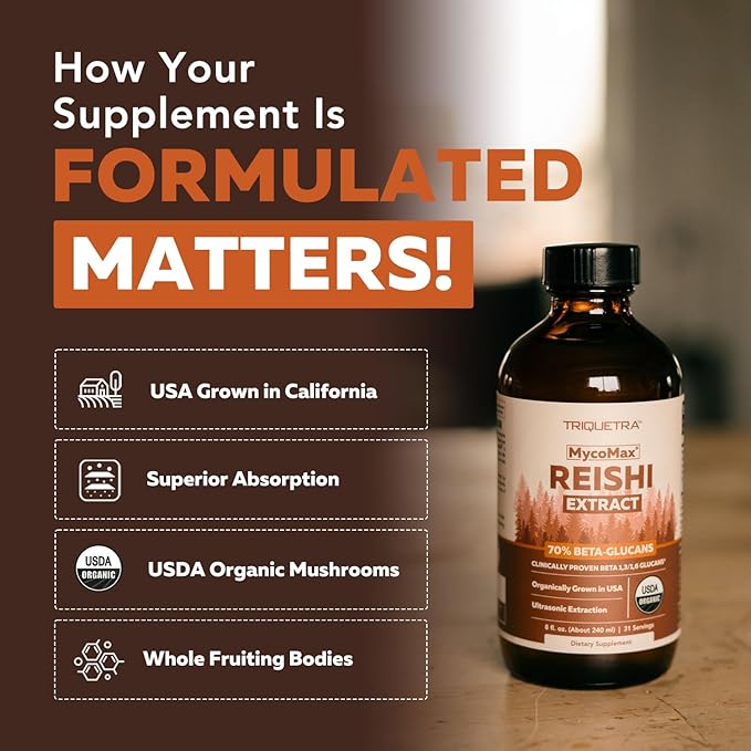 Organic Reishi Mushroom Extract - 70% Beta Glucans - Highest Active Nutrient Levels, Max Potency Cordyceps Tincuture, US Grown + Ultrasonic Extraction - Energy, Immunity, Sleep and Stress - 8 oz.