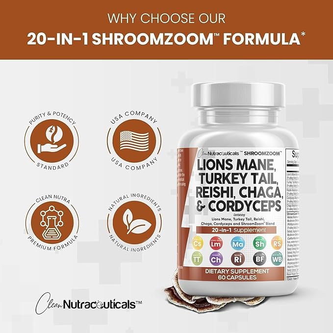 Clean Nutraceuticals Lions Mane 20in1 Mushroom Supplement with Turkey Tail Reishi Cordyceps Chaga Maitake Meshima Poria Cocos Shiitake Oyster Porcini Enoki - 3Pack