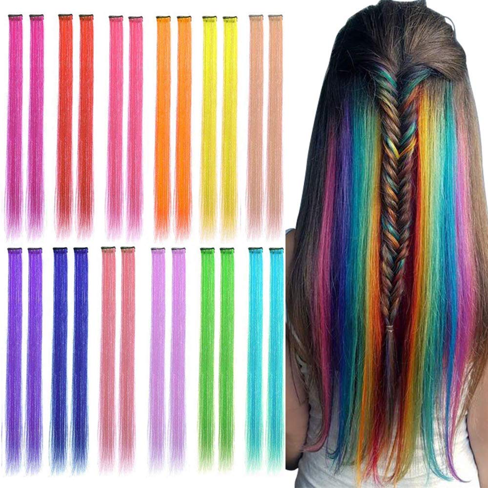 24Pcs 12 Colored Clip In Hair Extensions 22Inch Rainbow Heat-Resistant Straight Highlight Hairpieces Halloween Cosplay Party Chr