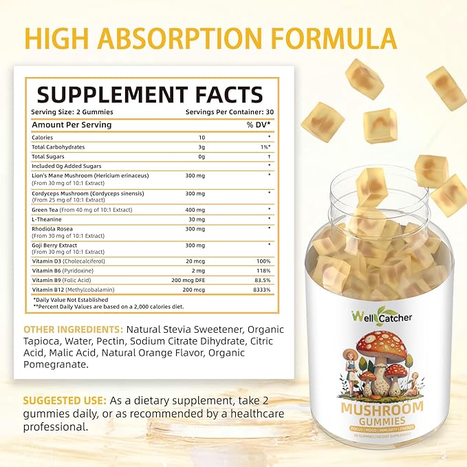 Lion's Mane Mushroom Gummies for Adults - Mushroom Complex Supplement Gummies for Kids Focus And Energy Sugar Free With Cordyceps Green Tea, Mood Gummies Organic Vegan Non Gmo Orange Flavor 60ct