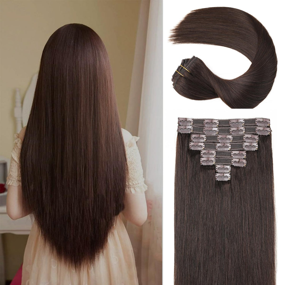Human Hair Clip In Extensions,120G 8Pcs Lace Clip In Human Hair Extensions Straight Clip In Remy Hair Extensions #2 Dark Brown 1