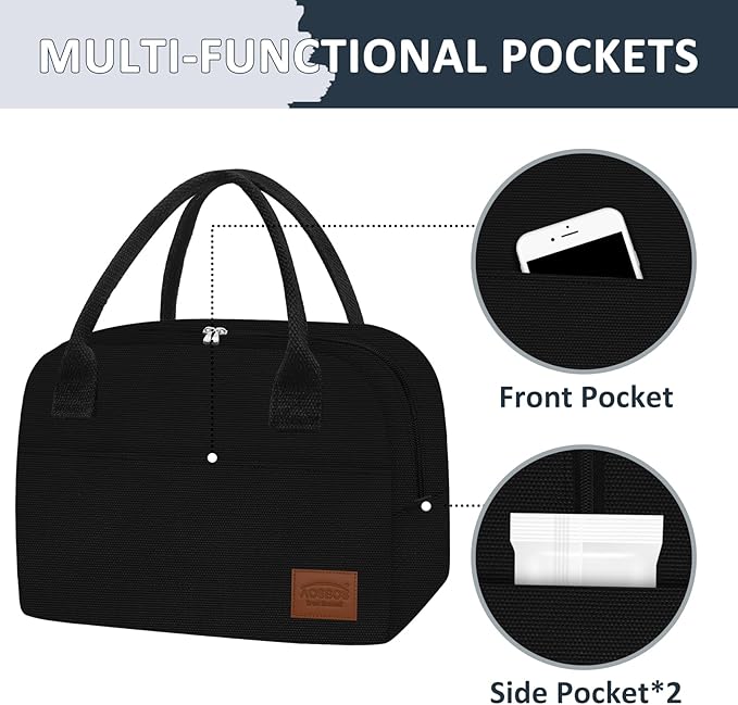 Aosbos Lunch Box for Women Lunch Bags for Adult Insulated Lunch Cooler Bag - Thermal Lunch Tote Lunch Boxes Reusable Meal Prep Containers Bag, Black