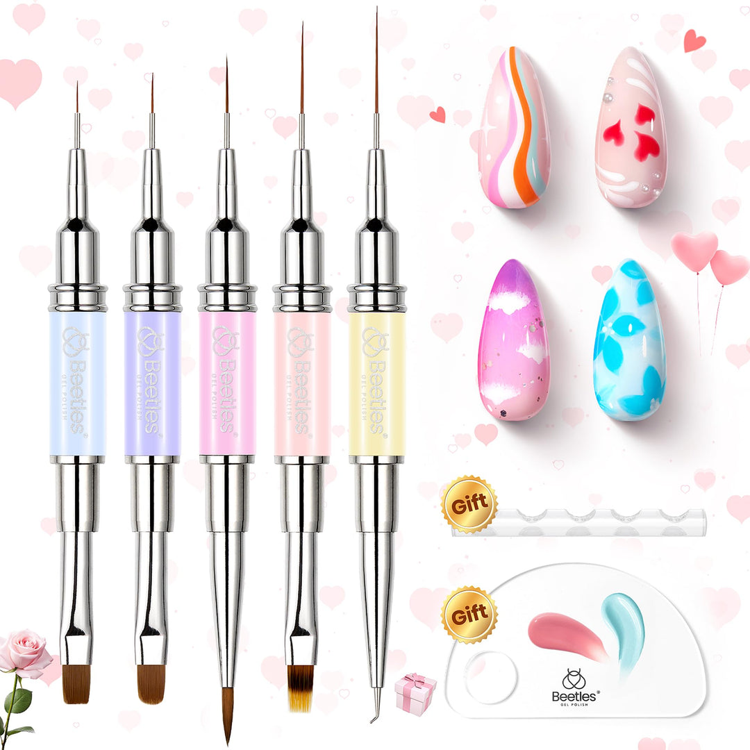 Beetles Nail Art Brushes Set 7 Pcs Double-ended Nail Art Brushes Kit Gel Polish Design Pen Liner Brush Petal Painting Brush Oval Brush Flat Brush Gradient Brush Dotting Pen Valentines Gifts for Women