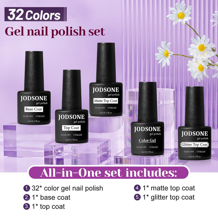 32+4 Pcs Gel Nail Polish Kit | Glitter Soak Off Gel for DIY Manicure