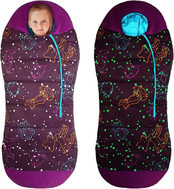 AceCamp Glow in The Dark Mummy Sleeping Bag for Kids and Youth, Temperature Rating 30°F/-1°C, Water-Resistant for Camping, Hiking, and Slumber Party
