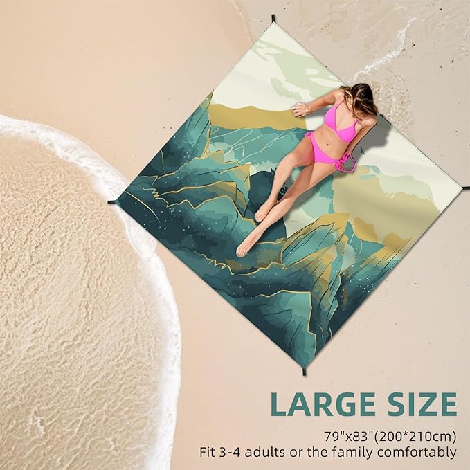 Beach Blanket Waterproof Sandproof Large Beach Mat 79" X 83" for 2-4 Adults Sand Free Mat Quick Drying,Lightweight & Durable with 4 Stakes & 4 Corner Pockets for Beach Travel Camping.(Mountain)