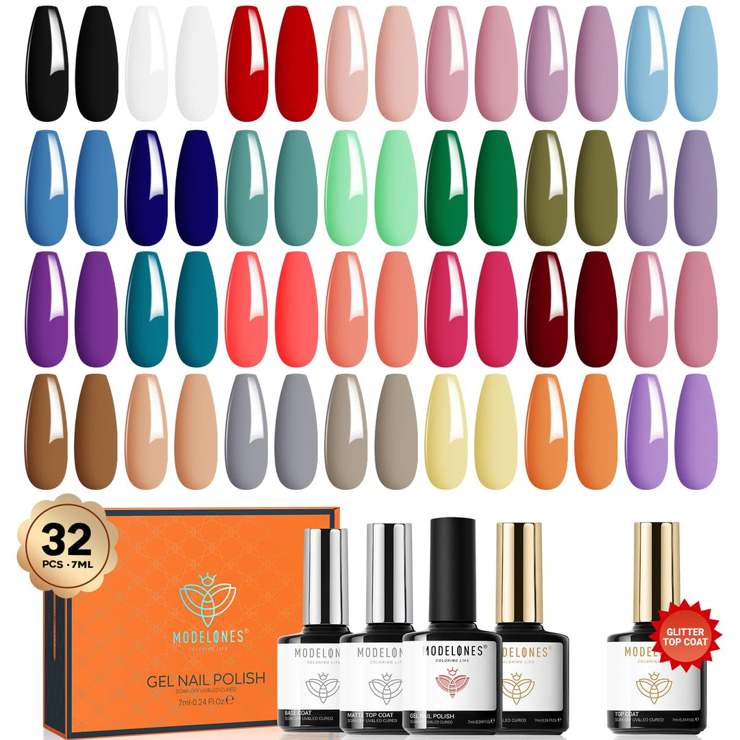modelones 32 PCS Gel Nail Polish Set, 28 Colors Spring Gel Polish with No Wipe Base Coat, Glitter & Glossy & Matte Top Coat Black Brown Red Purple Soak Off LED Nail Art Kit Salon at Home