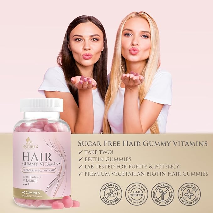 Sugar Free Hair Vitamins Gummies with Biotin 5000 mcg, Vitamin A, B12, C, D, E, Folic Acid, Supports Hair Growth Gummy, Vegetarian Friendly, Supports Strong Beautiful Hair and Nails - 60 Gummies