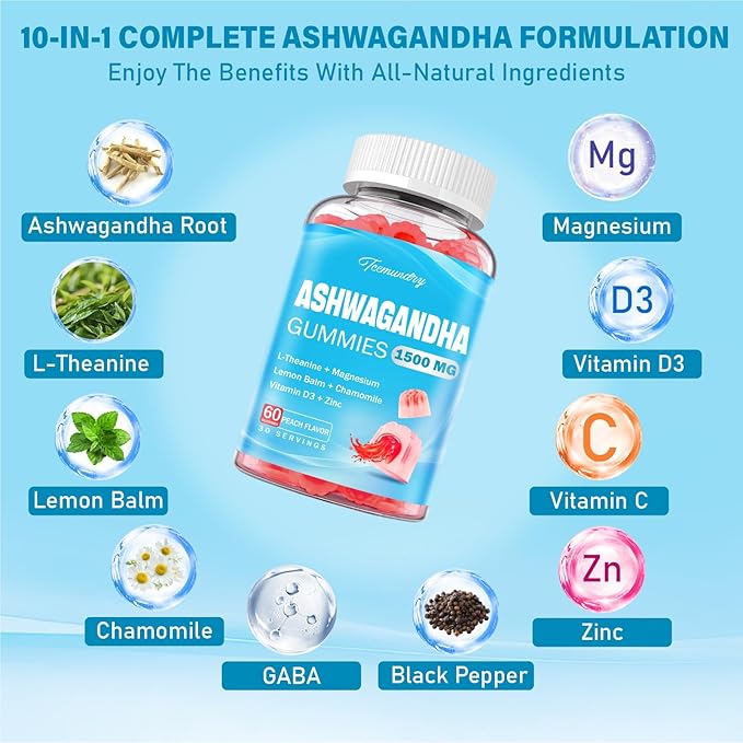 Ashwagandha Gummies 1500mg for Women & Men: Ashwagandha Supplement Gummy with Lemon Balm, Chamomile, Magnesium, Black Pepper for Ultra Absorption - Vegan, Non-GMO & Sugar Free, Strawberry Flavor