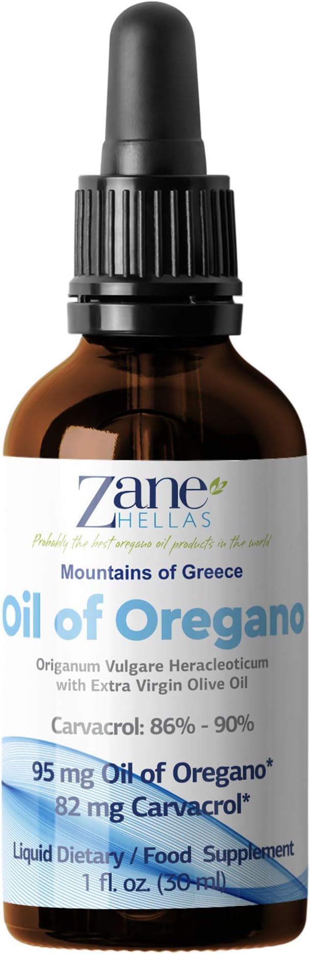 Zane Hellas 50% Oregano Oil. Greek Essential Oil of Oregano .86% Min Carvacrol. 82mg Carvacrol Per Serving. Probably The Best Oregano Oil in The World. 1 fl. oz.- 30ml