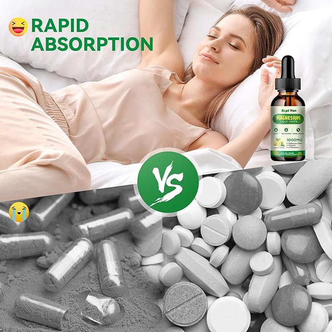 Magnesium Glycinate Liquid Drops, 1000mg Magnesium Glycinate, Citrate & Threonate with Cellulose Fiber, L-Theanine, Vitamin B & C for Sleep, Muscle, Energy & Relaxation, Sugar-Free Lemon Flavor