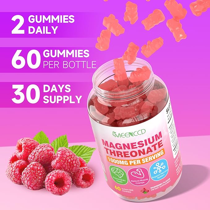 Magnesium Threonate Gummies 1000mg, Magnesium L-Threonate Supplement for Kids & Adults, Muscle & Nervous System Support, Non-GMO, Sugar-Free, Raspberry Flavor, 60 Count