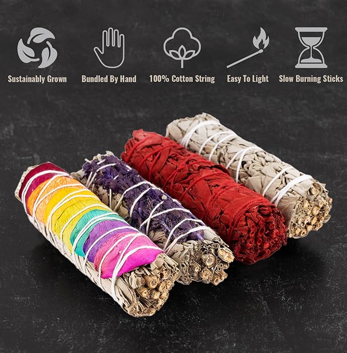 4 pc Sage Smudge Sticks with White Sage, Dragons Blood, Chakra Sage, Lavender Sage, Turkey Feather, & Smudging Guide – Home Cleansing, Energy Healing, Meditation, Reiki, & Clearing Negative Energy