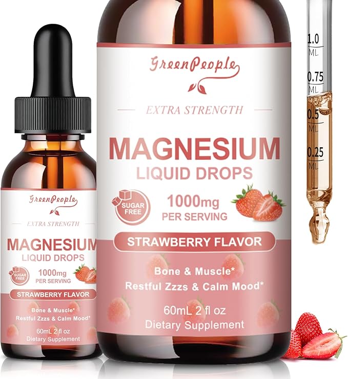 Magnesium Glycinate Liquid Drops - 1000mg 5-in-1 High Absorption Liquid Magnesium Complex with D3/K2/B6 | Fast-Acting, Bone, Muscle & Sleep | Sugar-Free Strawberry Flavor, 2fl Oz