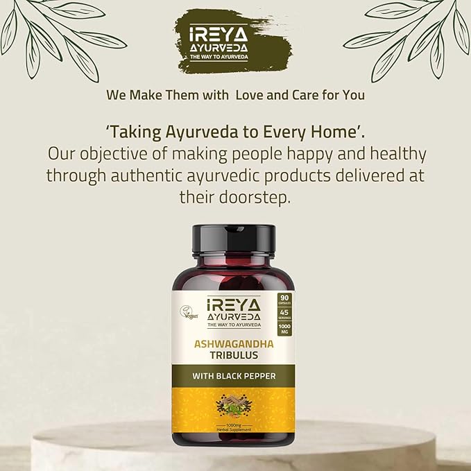 Ashwagandha Capsules Organic 1000mg (90 Capsules) Made with Tribulus Terrestris, Shatavari and Black Pepper Organic Ingredients | 45 Days Supply