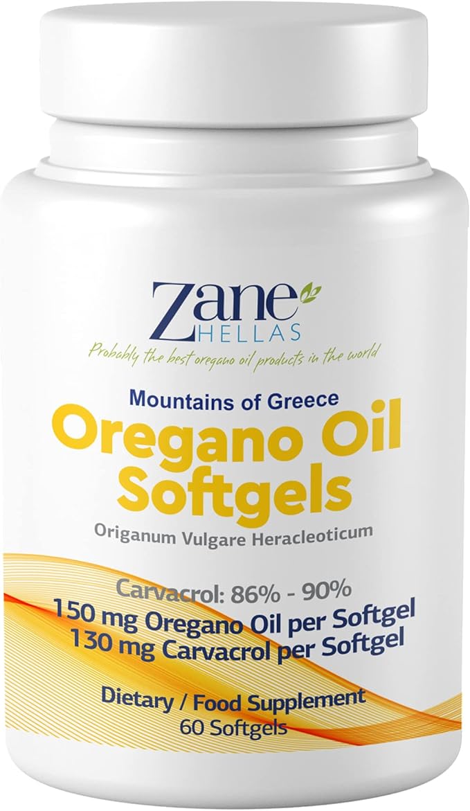 130 mg Carvacrol - 150 mg Oregano Oil per Softgel. World Highest Concentration Oregano Oil Capsule. Zane Hellas Oregano Oil. Softgel Contains 30% Greek Essential Oil of Oregano. 60 Softgels.