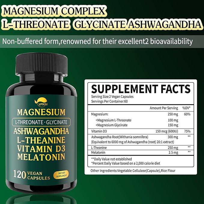 Magnesium Ashwagandha Supplement,Magnesium L-threonate & Glycinate,Melatonin,L-Theanine Plus Vitamin D3,Gluten Free,120 Capsules