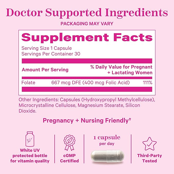 Pink Stork Folic Acid Supplement for Women - 400mcg, Prenatal Vitamins for Women, Supports Neural and Spine Health, Red Blood Cell Production, Mood, Energy During Pregnancy - 30 Capsules