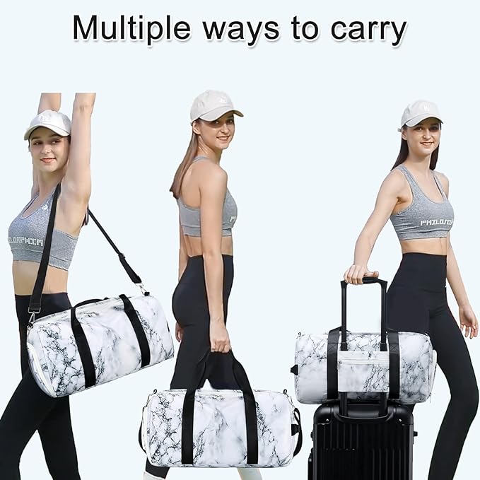Sport Gym Duffle Travel Bag for Men Women Duffel with Shoe Compartment, Wet Pocket (Marble-White) 19.7"x9.5"x9.9"