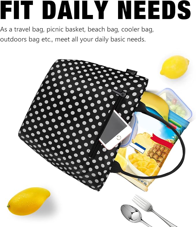Aosbos Black Lunch Box for Women Lunch Bags for Adult Insulated Lunch Tote Bag Meal Prep Lunch Box Purse Lunchbox Portable Cooler Bag Bento Box Bag Loncheras Para Mujer, Polka Dot