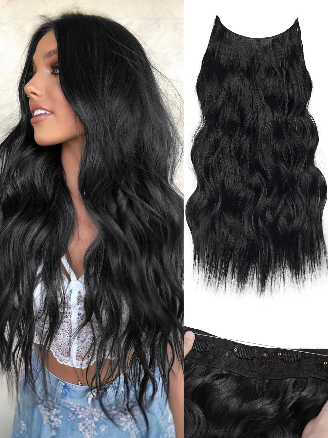 Kookastyle Invisible Wire Hair Extensions With Transparent Headband Adjustable Size 4 Secure Clips Black Long Wavy Hairpiece 20