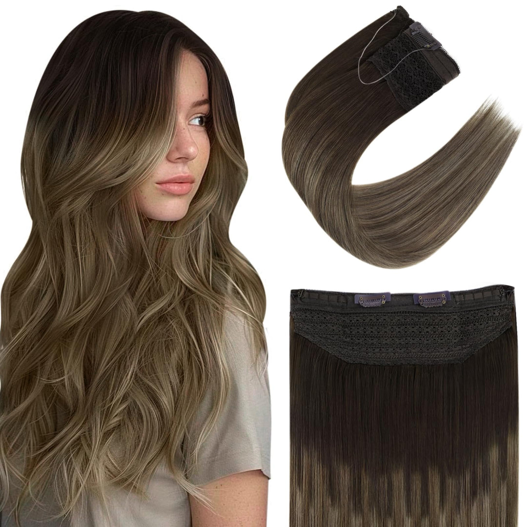 Easyouth Wire Hair Extensions Human Hair Fish Wire Human Hair Extensions Darkest Brown Ombre Middle Brown Mixed Ash Blonde Fish