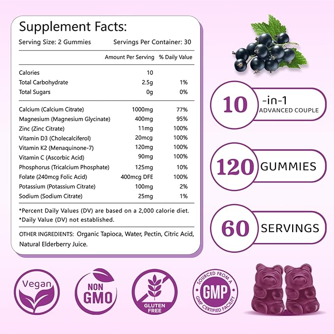 2 Pack Calcium Magnesium Zinc Gummies with Vitamin C D3 K2, Calcium Gummies for Bone, Muscle, Calm & Zzz Support, High Absorption Formula with Magnesium Zinc Potassium, Elderberry Flavored 120 Cts