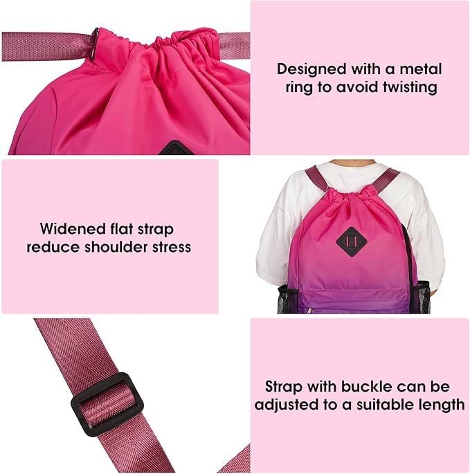 WANDF Drawstring Backpack Sports Gym Bag with Shoes Compartment, Water-Resistant String Backpack Cinch Bag for Women Men (Rose Gradient)