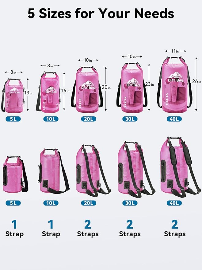 HEETA Waterproof Dry Bag with Phone Case Bundled with Upgraded Dry Bag with Zippered Pocket for Women & Men, Roll Top Lightweight Dry Storage Bag Backpack for Kayaking, Boating, Camping (Pink 5L)
