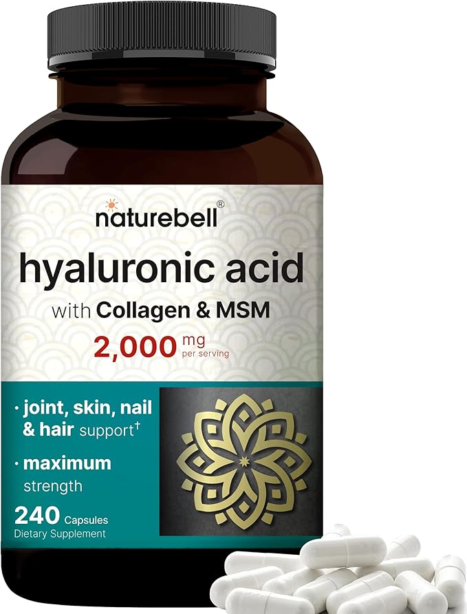 NatureBell Hyaluronic Acid Supplements 2,000 mg | 240 Capsules, with MSM & Hydrolyzed Bovine Collagen – 3 in 1 Support for Skin Hydration, Joint Lubrication, Hair, and Eye Health
