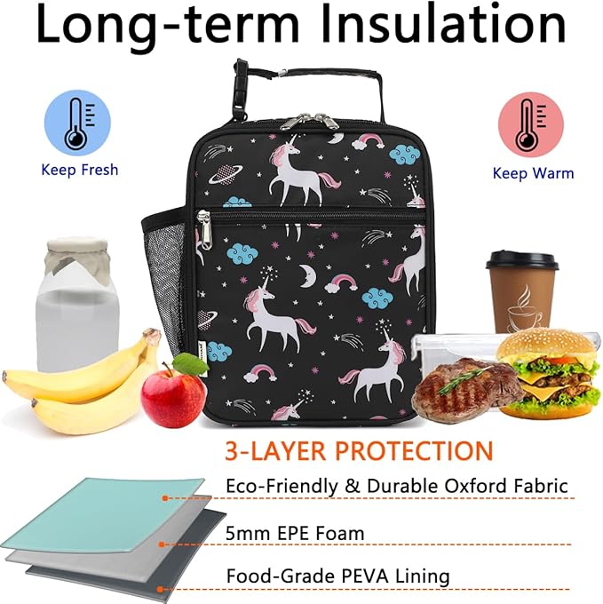 Lunch Box for Kids Boys Girls Men Women, Insulated Small Soft Cooler Lunch Bag Kit for School Work Picnic Travel - Reusable Portable lunchbox, Unicorn