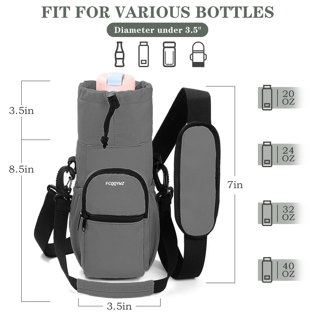 FCQQYWZ 25/32/40 oz Water Bottle Carrier Bag Sling Case, Sports Insulated Crossbody Water Bottle Holder with Adjustable Shoulder Strap and 4 Pockets for Men Women Hiking Camping Travelling (GRAY)