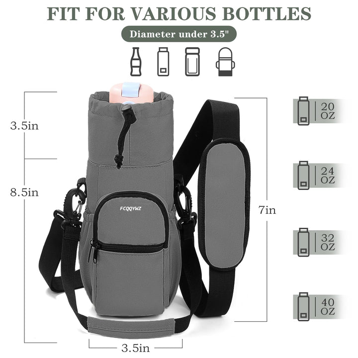 FCQQYWZ 25/32/40 oz Water Bottle Carrier Bag Sling Case, Sports Insulated Crossbody Water Bottle Holder with Adjustable Shoulder Strap and 4 Pockets for Men Women Hiking Camping Travelling (GRAY)