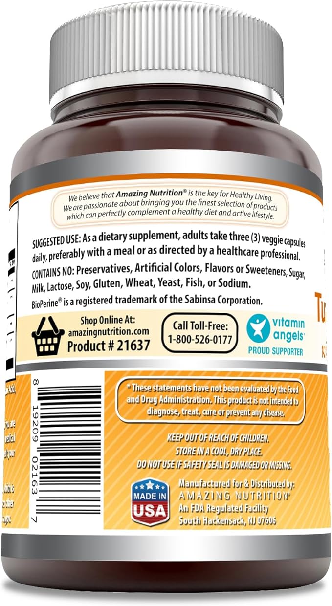 Amazing Formulas Turmeric Curcumin & Ginger with BioPerine 2250 mg Per Serving Veggie Capsules | Non-GMO | Gluten Free | Made in USA | Ideal for Vegetarians (180 Count)