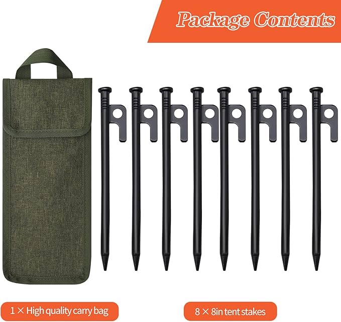 8 Pack Tent Stakes, 8in Tent Stakes Heavy Duty with Storage Bag, Forged Steel Tent Pegs for Camping Unbreakable and Inflexible(8pcs 8in Stakes)