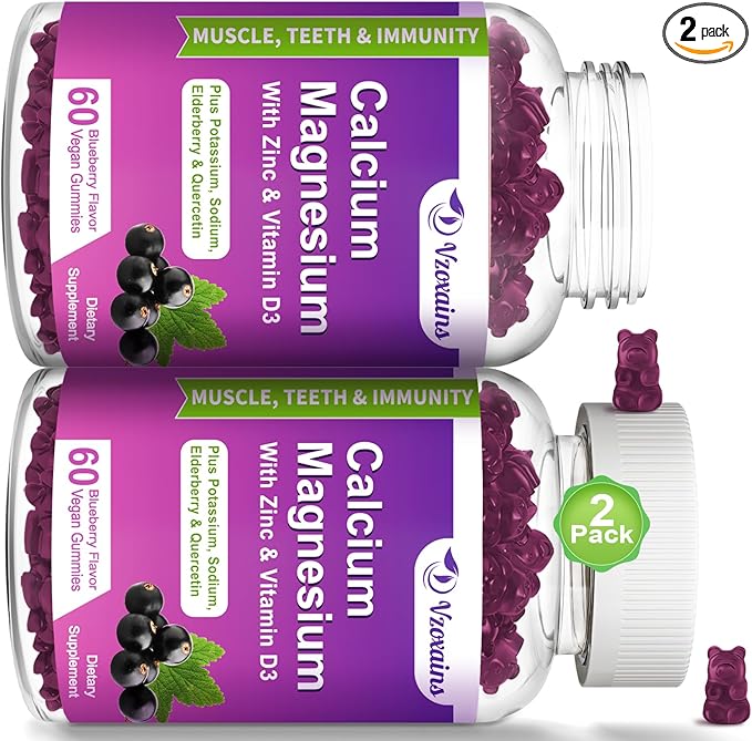High Absorption Calcium Gummies, Calcium Magnesium Zinc with Magnesium Glycinate, Potassium, Vitamin D3 for Women & Men- Blueberry Flavor 120 Cts