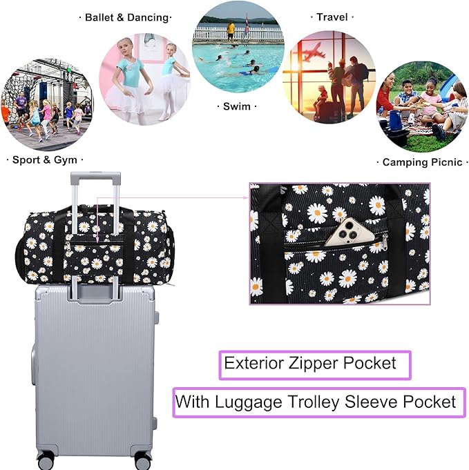 Dance Bag for Girls Corduroy Kids Duffel Bag Ballet Bag for Girls Teen Women Sports Gym Bag Water Resistant Travel Duffle Bags with Shoes Compartment（black daisy）