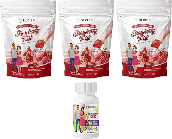 BariatricPal 90-Day Bariatric Vitamin Bundle (Multivitamin ONE 1 per Day! Capsule with 60mg Iron and Calcium Citrate Soft Chews 500mg with Probiotics - Strawberry Twist)