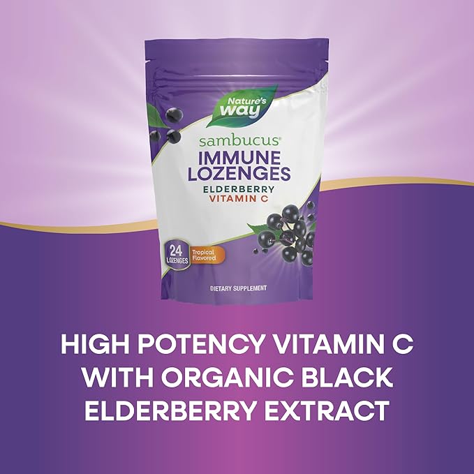 Nature’s Way Sambucus Immune Lozenges, High Potency Vitamin C, Elderberry, 24 Tropical Flavored Lozenges (Packaging May Vary)