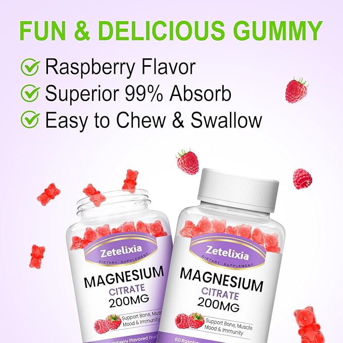 2 Pack Magnesium Citrate Gummies, High Absorption Magnesium Gummies for Adults, Muscle & Teeth Support, 60 Vegan Natural Raspberry Gummies