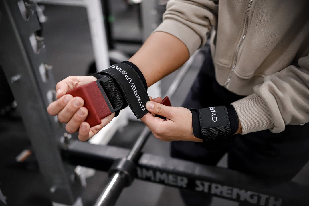 Gymreapers Weight Lifting Hooks (Pair), Heavy Duty Power Wrist Straps Hand Grip Support for Deadlifts, Pull Ups, Shrugs - Gym Gloves for Men and Women (Red)