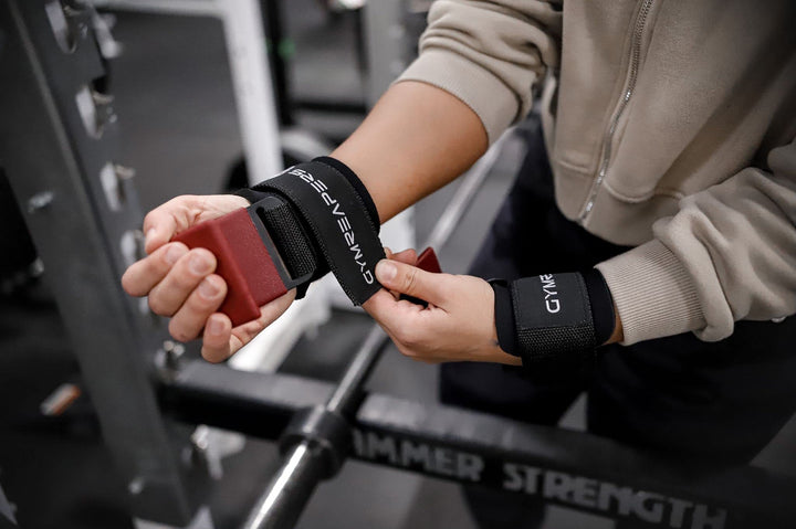 Gymreapers Weight Lifting Hooks (Pair), Heavy Duty Power Wrist Straps Hand Grip Support for Deadlifts, Pull Ups, Shrugs - Gym Gloves for Men and Women (Red)