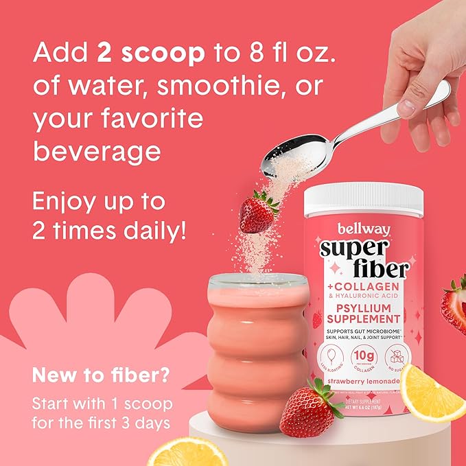 Bellway Super Fiber Powder + Collagen, Sugar-Free Psyllium Husk Powder with Hydrolyzed Collagen Peptides for Gut Health, Healthy Skin, Nails, Bones & Joints, Strawberry Lemonade & Watermelon Bundle