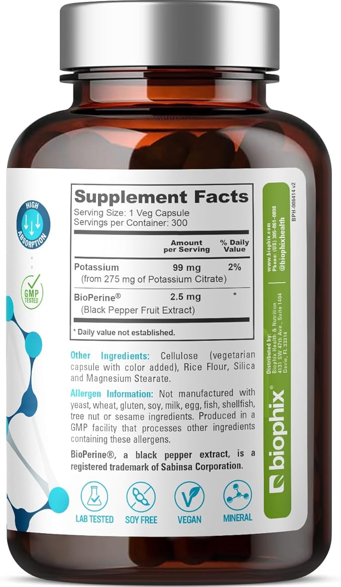 biophix Potassium Citrate 275 mg with BioPerine 300 Veggie Capsules - Supports Electrolyte Balance, Nerve., Muscle Function and Heart Health