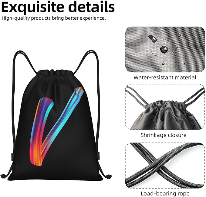 Drawstring Bags Initial Drawstring Backpack Sackpack Black Draw String Cinch Bags for Sports, Gym, Travel, Swimming, Beach, Camping, Rainbow Letter V