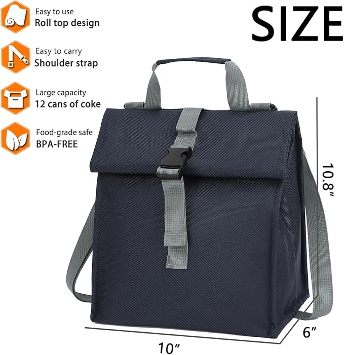 Insulated Lunch Bag for Men/Women,Roll top Reusable Lunch Box with Adjustable Shoulder Strap,Thermal Lunch Cooler Tote Container for Adults Work Office Picnic,Cyan