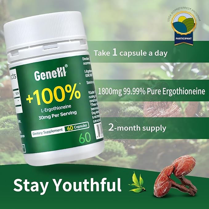 L-Ergothioneine Supplement, 30mg(EGT)/Serving, 6X Ergothioneine Mushroom Extract Supplements Longevity, Immune Support, Heart Health & Brain Supplement, Lab Tested, Made in USA, 60 Servings